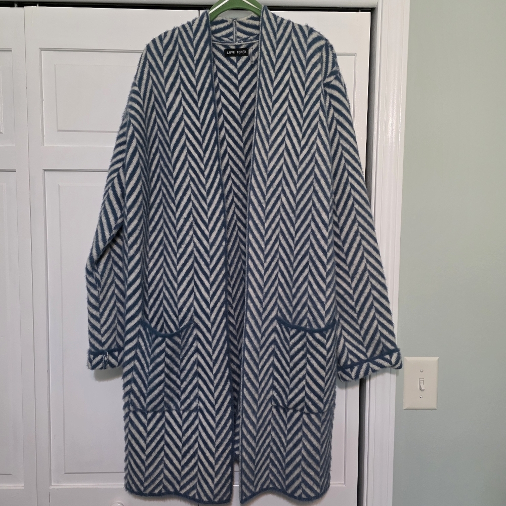 Dia & Co. Love Token Lucy Herringbone Knit Cardigan Open Jacket Blue & White 2X